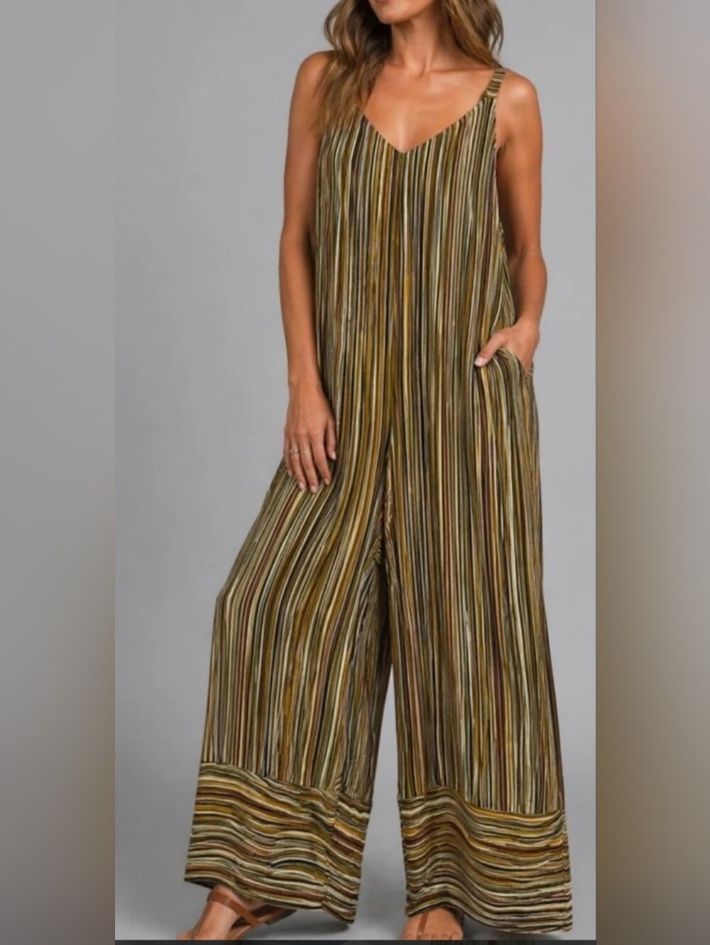 Zara Striped Sleeveless Maxi Jumpsuit in Brown, Cream & Black